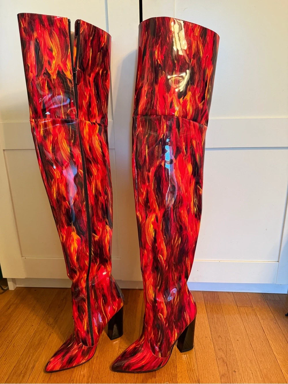 Marcell Von Berlin Over-the-Knee Patent Leather Flame High Heel Boots, size EU39